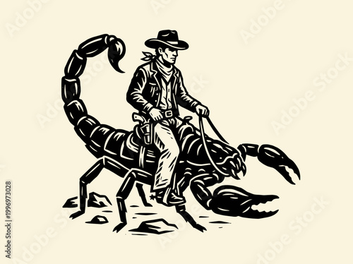 Cowboy Riding a Giant Scorpion with Gun: Linocut Vector Illustration, Woodblock Print Style