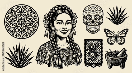 Mexican Woman in Traditional Dress: Linocut Woodblock Illustration Set with Cultural Patterns