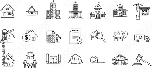 Real Estate and Housing Line Art Icons Set. Property, Home, Construction, Mortgage, and Legal Outline Vector Collection for Web and Print Design