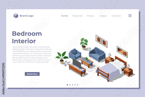Isometric bedroom landing page. Bedroom interior. Bedroom banner. Bedroom concept for website template or landing homepage