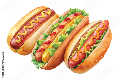 Watercolor Hot Dog Clipart, Fast Food Illustration, Isolated on White