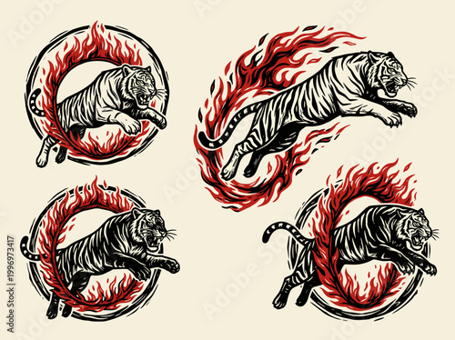 Tiger Jumping Through Fire Ring: Vintage Linocut Engraving Vector Illustration, Woodblock Print Set