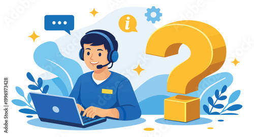 Modern flat illustration of a customer support agent depicting help and questions for online assistance