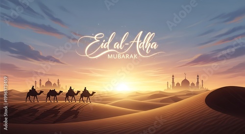 Eid al-Adha Mubarak Greeting with Camel Caravan in Desert Sunset
