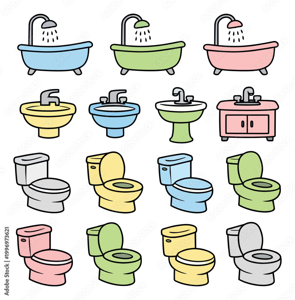 Fototapeta premium Hand drawn line art bathroom fixtures set featuring bathtubs, sinks, and toilets for home design