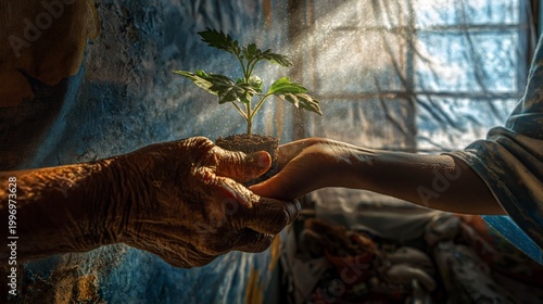 Hands passing a plant seedling
