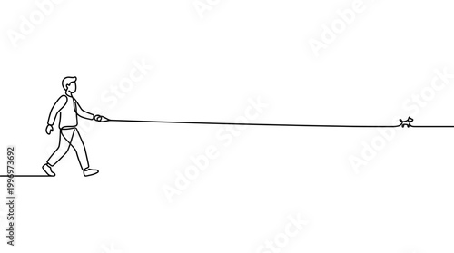 Continuous Line Drawing of Person Walking Dog on Horizon Minimalist Vector