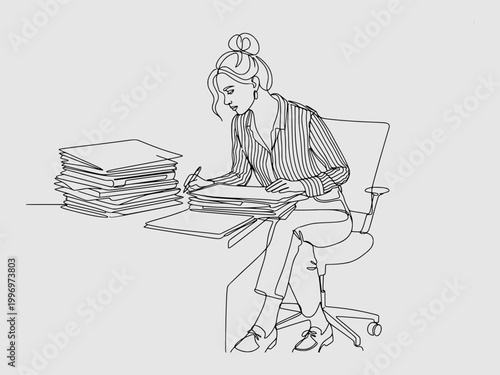 continuous line art of a focused businesswoman sitting at her desk diligently organizing and writing amidst large stacks of paperwork.