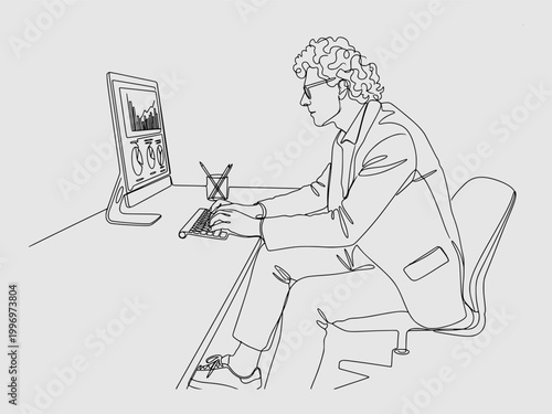 continuous line art of a professional analyst working at a desktop computer monitor analyzing financial data and business growth charts.