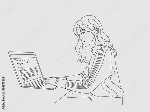 continuous line art of a young woman intently working on her laptop computer while sitting at a desk in profile.