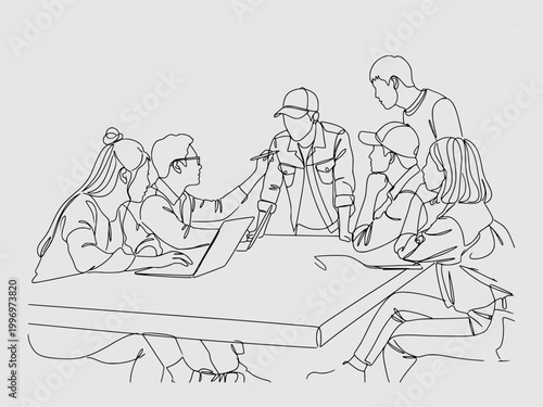 continuous line art of a creative team collaborating and discussing ideas around a table in a modern casual office setting.