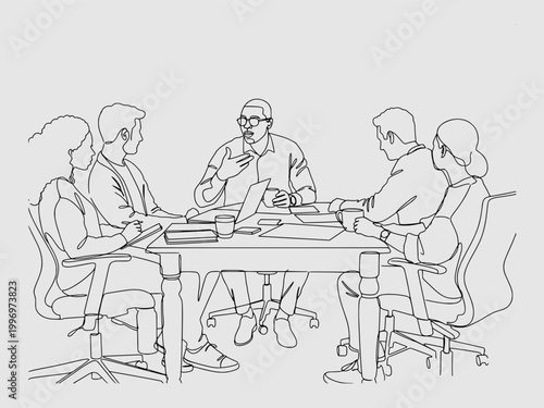 continuous line art of a diverse team of professionals having a productive meeting around a conference table with a leader.