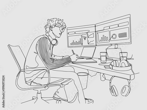 continuous line art of a creative designer with headphones working at a professional workstation featuring dual monitors and data displays.