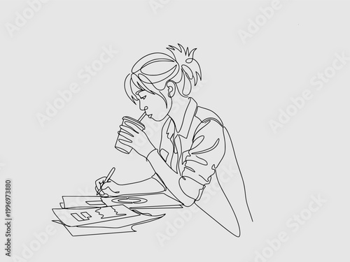 continuous line art of a creative woman sketching and writing in her notebook while multitasking and drinking through a straw.