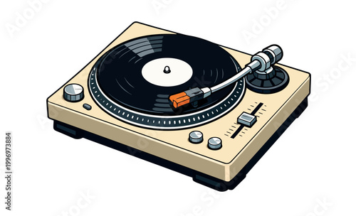 Retro style hand drawn illustration of a turntable playing a vinyl record for music events