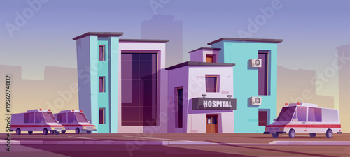 Hospital clinic building with ambulance car trucks