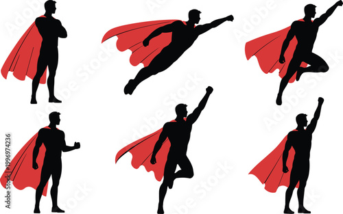 Superhero Silhouette Poses with Red Cape Flying and Standing Isolated on White Background