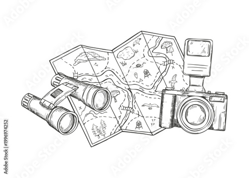 Hand drawn binoculars, world map and professional camera vector sketch. Tourist equipment etching drawing. Travel and adventure exploration gear illustration for nature hiking journey.