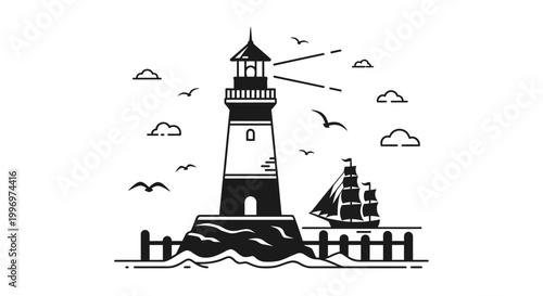 Lighthouse standing tall on rocky shore.