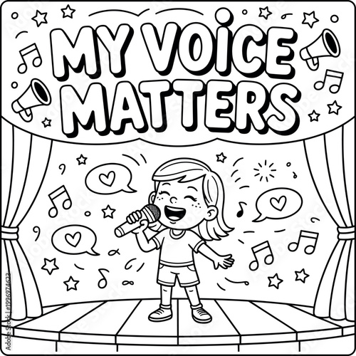 My voice matters, girl singing on stage, inspirational illustration for North America.