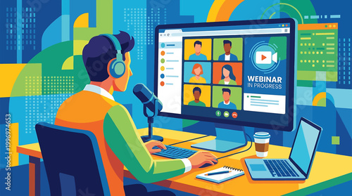 Illustration of a person attending an online webinar, with a virtual meeting interface on the computer screen