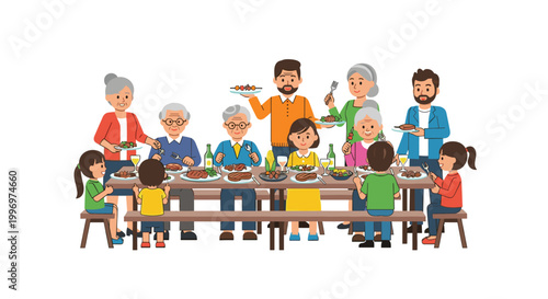 A diverse multi-generational group of individuals sits at a long wooden banquet table sharing skewers and roasted meats during a festive communal gathering in a bright room.