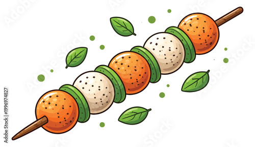 Hand drawn illustration of a caprese skewer depicting fresh ingredients for culinary designs