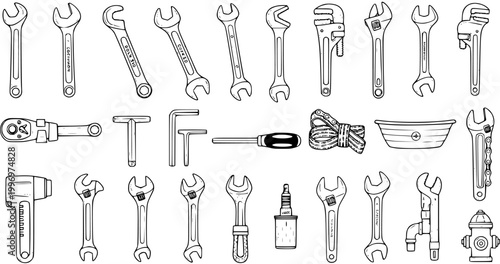 Diverse collection of hand tools, wrenches, and plumbing equipment including pipe wrenches, adjustable spanners, hex keys, and a fire hydrant, in a detailed outline sketch.