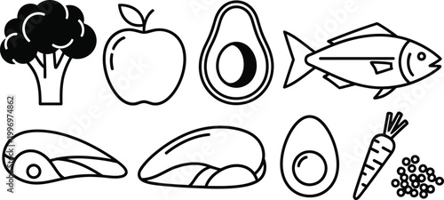 Black and white line of various healthy food line black and white broccoli apple avocado