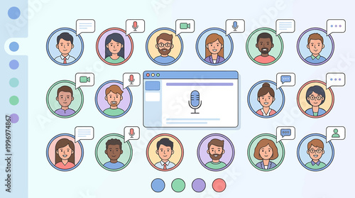 Diverse group of colleagues engaged in a virtual online meeting with active discussion, highlighting remote collaboration and digital communication for modern teams