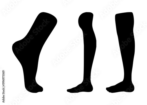 Solid black icon, white background: prosthetic leg silhouette set with simple line art design featuring sketches, drawings, vector graphics with minimalist and simple illustrations