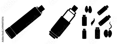 Solid black icon, white background: respiratory asthma inhaler set with simple line art design featuring simple design, minimalist, black and white with illustrations and graphics
