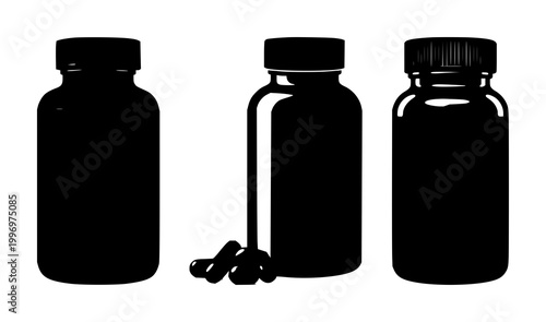 Vitamin supplement bottle set with solid black icon on white background featuring supplement, bottle, icon with daily dosage and nutrients