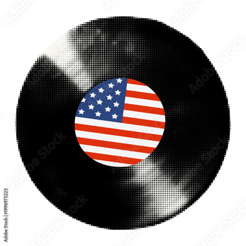 Vinyl record with American national flag label print Creative halftone sticker with doodles for celebration of 4th July, music chart and festival, album cover Modern retro vector illustration isolated