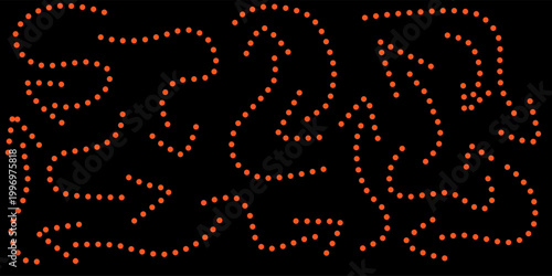 A collection of hand-drawn arrows with dotted lines. Various types of orange arrows pointing in all directions.