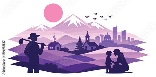 Layered illustration of a landscape depicting a balance of rural and urban life for community and lifestyle designs