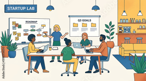 Diverse startup team actively collaborating in a modern office, strategizing and developing their business roadmap and innovative goals