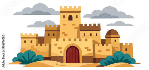 Modern flat design illustration of a majestic castle depicting an ancient fortress for fantasy stories and historical themes