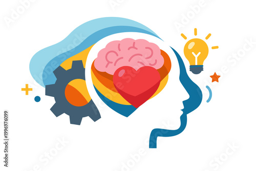 Conceptual vector illustration of a human head profile with a brain and heart, depicting emotional intelligence, mental health, logic, and creativity with gear and lightbulb icons for innovation.