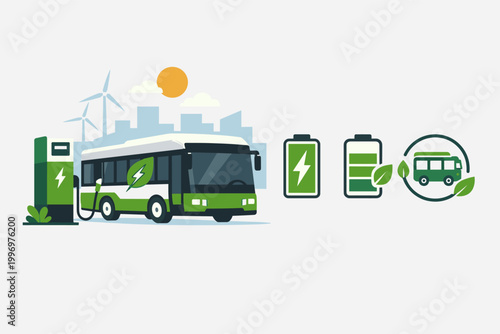 Electric Bus Charging at Station with Wind Turbines and City Skyline, Sustainable Urban Transport Concept with Green Battery Icons and Eco-Friendly Energy Symbols for Clean Public Transport.