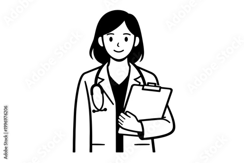 Professional female physician or nurse practitioner in a lab coat with a stethoscope and medical chart. Minimalist black and white line art vector illustration for healthcare and medicine.