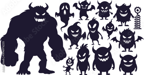 "Collection of monster silhouettes featuring large horned creature and smaller spooky designs with wings, teeth, ghostly forms, and eerie fantasy art"Mobile