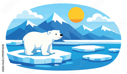 Cute flat design illustration of a polar bear standing on an ice floe for nature conservation concepts