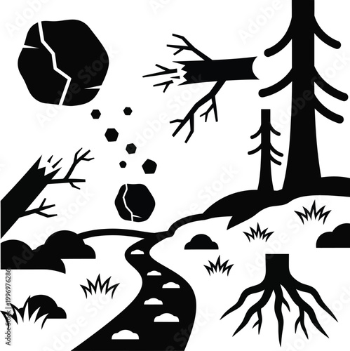 Black and white of a forest landscape with a winding path and falling rocks