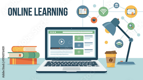 Online learning and distant education concept with laptop, books, coffee and digital icons representing connection and knowledge acquisition