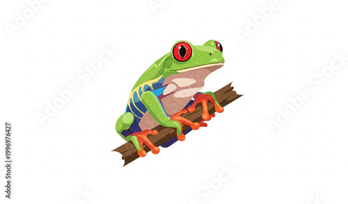 Red eyed tree frog on branch vector illustration with colorful tropical amphibian in minimal flat style isolated on white