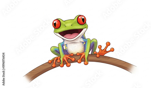 Playful red eyed tree frog cartoon character smiling on branch vector illustration for kids isolated on white