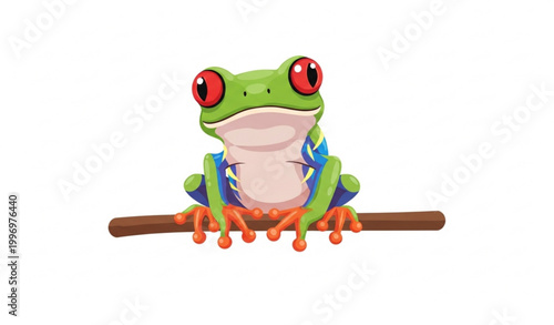 Cute red eyed tree frog sitting on branch smiling cartoon vector illustration isolated on white background