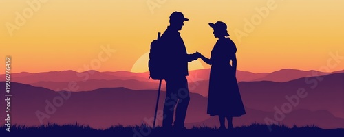 Man and Woman Silhouette Meeting at Sunset Landscape – Love and Travel Concept
