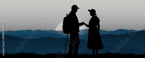 Romantic Couple Silhouette at Sunset in Mountains – Hiking Adventure Vector Illustration